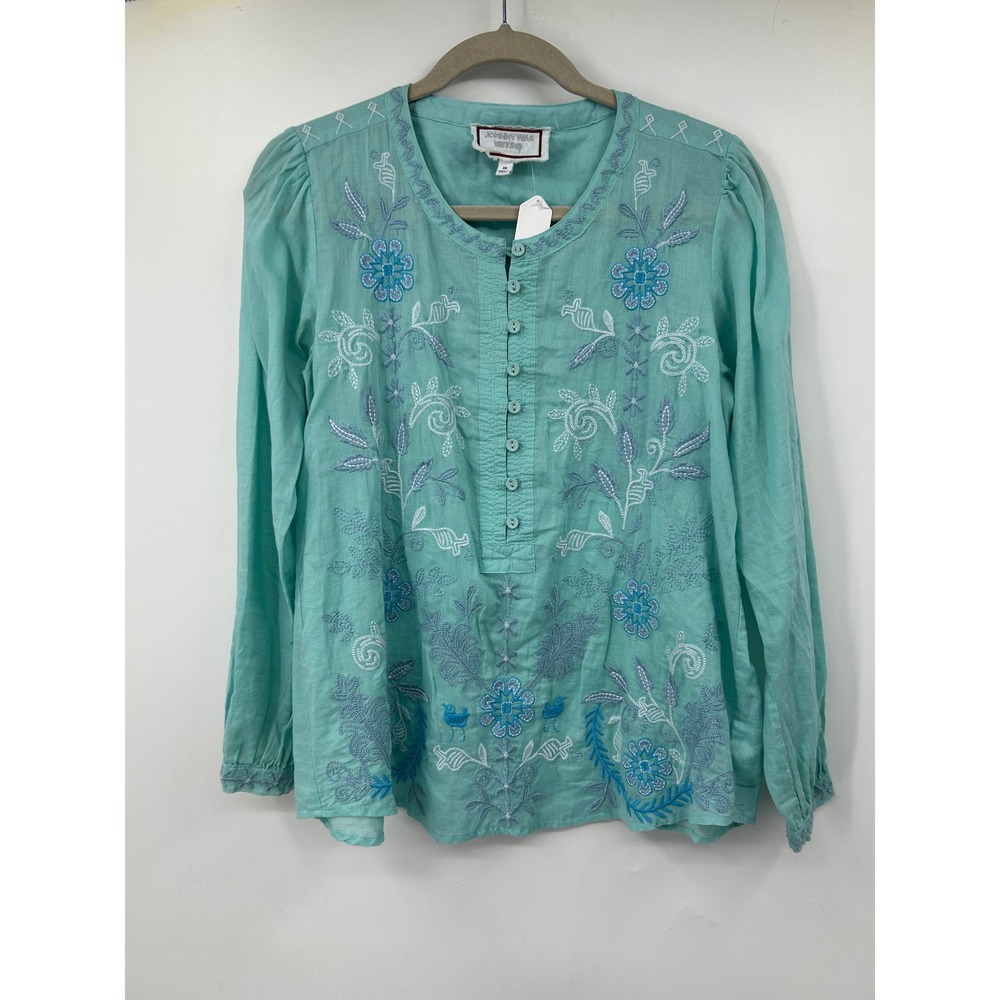 Johnny Was Workshop Turquoise Embroidered Cotton Boho Blouse XS W19525-2